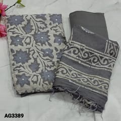 CODE AG3389 : Sober light grey and blue Wax batik dyed fancy silk cotton unstitched Salwar material(silky, soft fabric, lining needed) foil work and printed all over, Matching thin fabric provided for lining, NO BOTTOM, wax batik fancy silk cotton dupatta with tapings