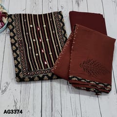 CODE AG3374 : Black Ajrak block printed Pure cotton unstitched Salwar material(thin fabric, lining optional) with real mirror and kantha stich detailing on yoke, Maroon Cotton bottom, block printed mul cotton dupatta with tapings