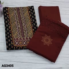 CODE AG3405 : Black pure soft cotton unstitched Salwar material(thin fabric, lining optional) with sequins, feather stitch yoke, printed all over, Maroon Cotton Bottom, Block printed Mul cotton duppata