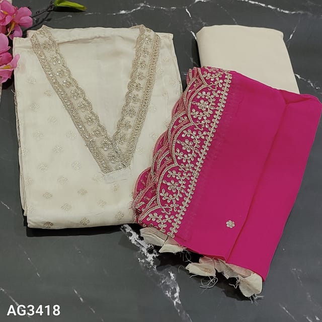 CODE AG3418 : Designer Ivory with gold weaving pattern Pure Dola Silk Unstitched salwar material(soft, silky, shiny thin fabric, lining needed) collar V-Neck highlighted with zari and sequins work on yoke, antic zari woven buttas on frontside, Zari and sequins with cutwork on daman, Matching Santoon Bottom, short width bright pink pure organza dupatta with zari and sequins work and cutwork edges