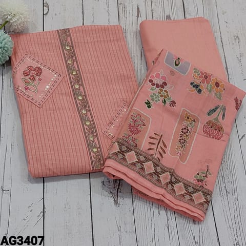 CODE AG3407 : Pastel Pink soft Cotton unstitched dress material(thin, soft fabric, lining needed) patch work highlighted with floral work , zardozi and sequins work on yoke, vertical stripe printed all over, Matching fabric provided for lining, NO BOTTOM, printed soft mixed cotton dupatta