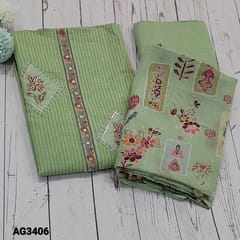 CODE AG3406 : Pastel Green soft Cotton unstitched dress material(thin, soft fabric, lining needed) patch work highlighted with floral work , zardozi and sequins work on yoke, vertical stripe printed all over, Matching fabric provided for lining, NO BOTTOM, printed soft mixed cotton dupatta