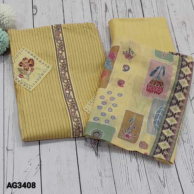 CODE AG3408 : Pastel Yellow soft Cotton unstitched dress material(thin, soft fabric, lining needed) patch work highlighted with floral work , zardozi and sequins work on yoke, vertical stripe printed all over, Matching fabric provided for lining, NO BOTTOM, printed soft mixed cotton dupatta