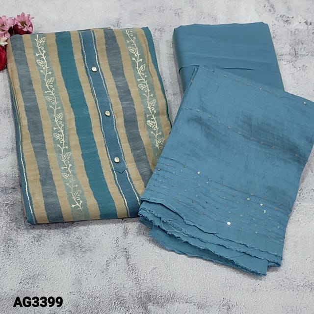 CODE AG3399 : Beige Base Vertical stripe design viscous silk unstitched dress material(soft and silky, lining optional) Turquoise Blue  Silk Cotton Bottom, thread and sequins work on soft silk cotton dupatta with tapings