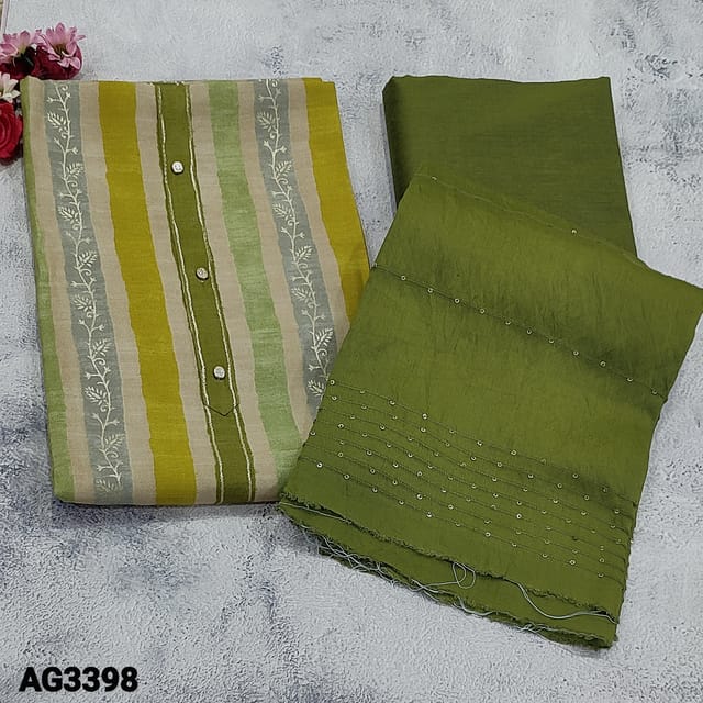 CODE AG3398 : Beige Base Vertical stripe design viscous silk unstitched dress material(soft and silky, lining optional) Mossy Green Silk Cotton Bottom, thread and sequins work on soft silk cotton dupatta with tapings
