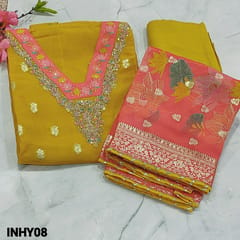CODE INHY08: Designer Bright Mehandhi Yellow Pure Organza silk Unstitched Salwar material (light weight, thin  fabric, lining needed) zari and sequins work on yoke, zari woven buttas on frontside, Matching  Santoon Bottom, floral printed pure organza dupatta with zari woven buttas and borders