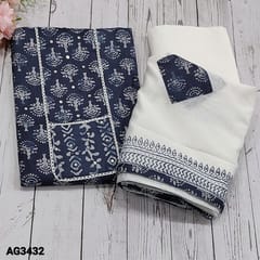 CODE AG3432 : Navy Blue Cotton unstitched salwar material (light weight,soft fabric, lining optional)with lace work and faux mirror detailing on yoke, printed all over, White Cotton Bottom, Block printed and applique work on fancy silk cotton dupatta with tapings
