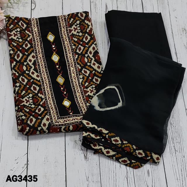 CODE AG3435 : Black Base Multicolor Patola Printed Soft Cotton unstitched salwar material (soft fabric, lining optional)with real mirror and thread embroidery work on yoke, Black  Cotton Bottom, shibhori dyed chiffon dupatta with tapings