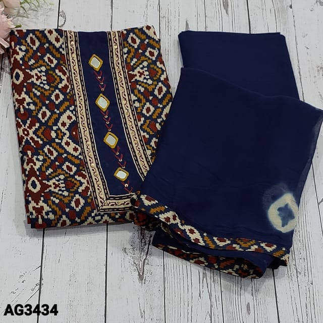 CODE AG3434 : Navy Blue Base Multicolor Patola Printed Soft Cotton unstitched salwar material (soft fabric, lining optional)with real mirror and thread embroidery work on yoke, Navy blue Cotton Bottom, shibhori dyed chiffon dupatta with tapings