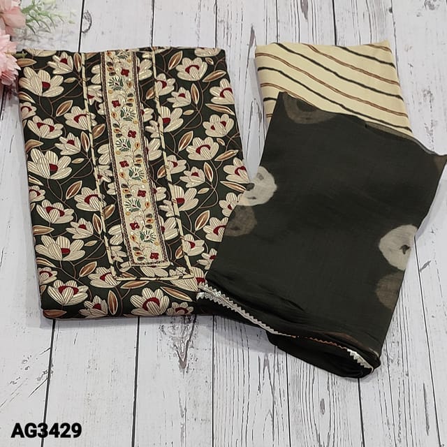 CODE AG3429 : Dark Olive Green  Floral Printed Modal Cotton unstitched Salwar material(soft, thin fabric, lining optional) with embroidery, zari and sequins work on yoke, lehriya printed modal cotton bottom, shibhori dyed chiffon dupatta