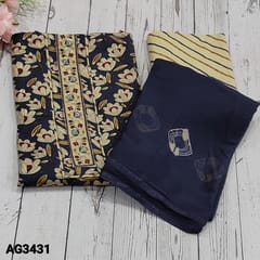 CODE AG3431 : Navy Blue Floral Printed Modal Cotton unstitched Salwar material(soft, thin fabric, lining optional) with embroidery, zari and sequins work on yoke, lehriya printed modal cotton bottom, shibhori dyed chiffon dupatta