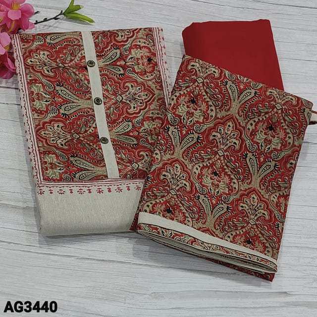 CODE AG3440 : Beige Base Jute Cotton Unstitched Salwar material(lining optional) art silk printed yoke patch with block printed and fancy buttons on yoke, Maroon Cotton Bottom, printed Art Silk dupatta with tapings