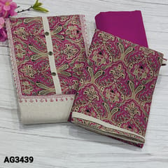 CODE AG3439: Beige Base Jute Cotton Unstitched Salwar material(lining optional) art silk pink printed yoke patch with block printed and fancy buttons on yoke, Pink Cotton Bottom, printed Art Silk dupatta with tapings