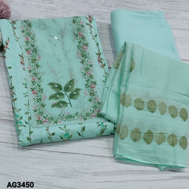 CODE AG3450 : Pastel Blue Printed Soft Satin Cotton Unstitched Salwar material (texture, soft fabric, lining optional) with faux mirror detailing on yoke, Matching soft Cotton Bottom, Leafy Printed mul cotton dupatta