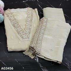 CODE AG3456 : Designer Golden Beige Pure Tissue Organza Silk Unstitched salwar material(light weight, thin fabric, lining needed) Collared V neck pattern highlighted zari, sequins and gota patch on yoke, zari woven buttas on frontside, Matching Santoon Bottom, embroidery work on pure Tissue Organza Silk dupatta with cut work edges