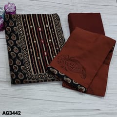 CODE AG3442 : Black Ajrak block printed Pure cotton unstitched Salwar material(thin fabric, lining optional) with real mirror and kantha stich detailing on yoke, Maroon Cotton bottom, block printed mul cotton dupatta with tapings
