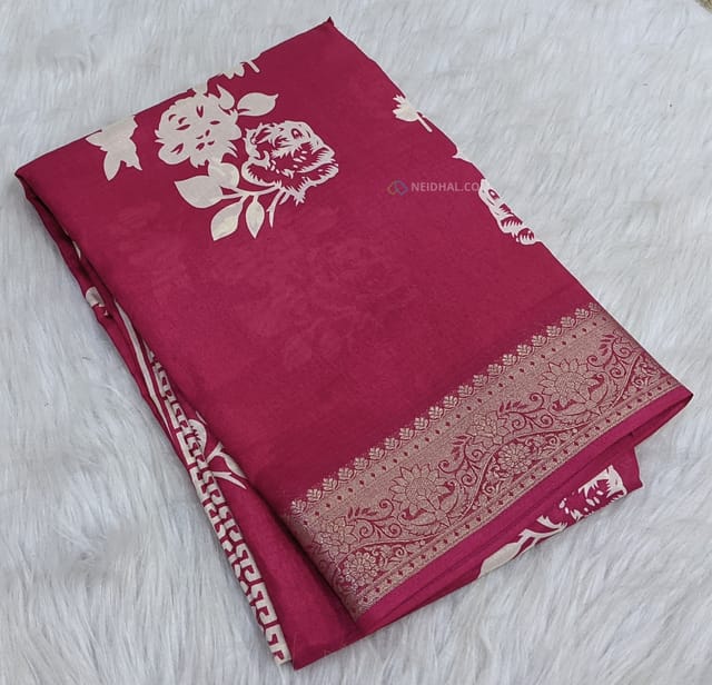 CODE WS725 : Bright pink fancy dola silk saree with floral prints all over, fancy zari woven double side borders (lightweight and casual sarees) floral printed pallu and printed running blouse .