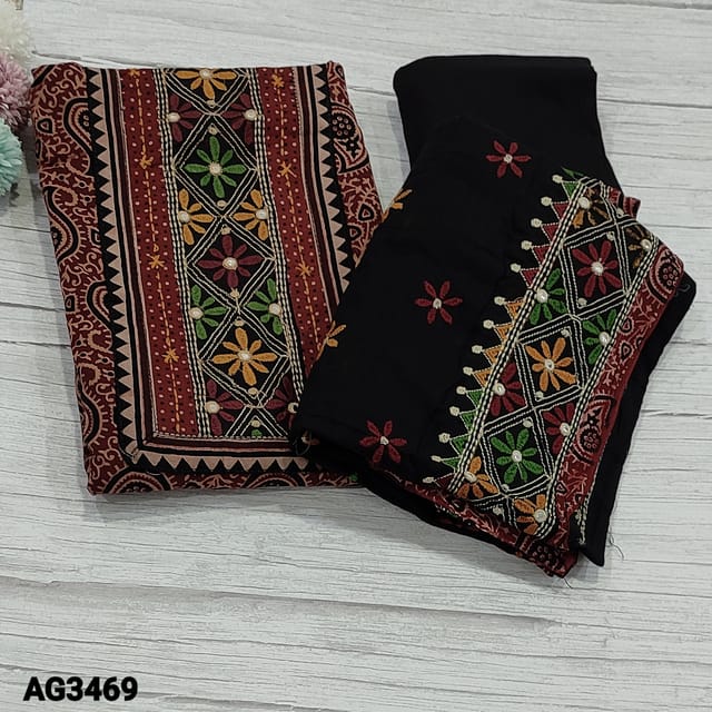 CODE AG3469 : Designer Maroon Base Ajrak block printed Soft Premium Cotton unstitched Salwar material(thin fabric, lining optional) with embroidery work and foil work on yoke, Black soft Cotton Bottom, rich embroidery work on mul cotton dupatta with borders