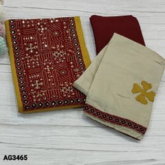 CODE AG3465 : Mehandhi Yellow Soft Slub Cotton unstitched Salwar material(texture, soft fabric, lining needed) ajrak printed yoke patch with thread and sequins work, Dark Maroon Cotton Bottom, applique work on silk cotton dupatta with tapings