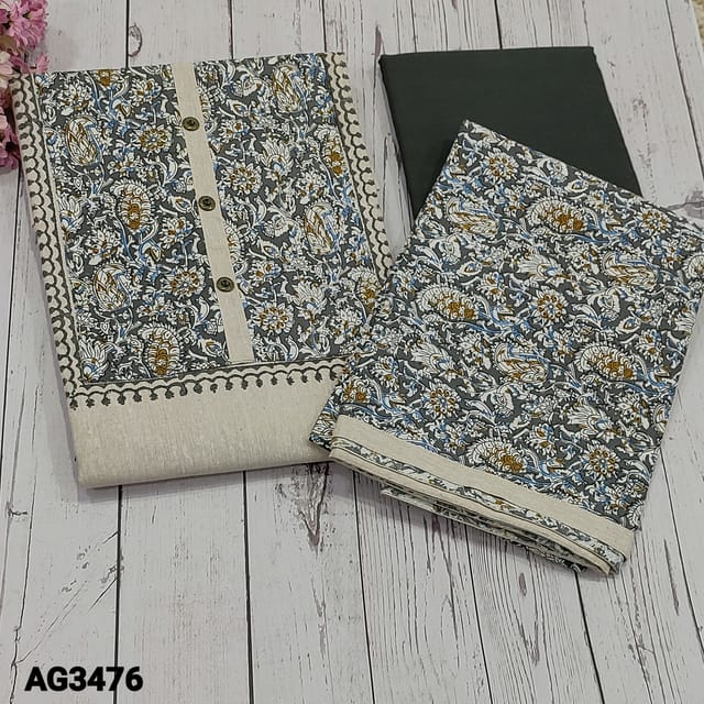 CODE AG3476 : Light Beige Jute Cotton  Unstitched Salwar material(soft, lining optional) printed yoke with simple buttons and outlined with block prints, Dark Grey Cotton bottom, printed pure cotton dupatta with taping