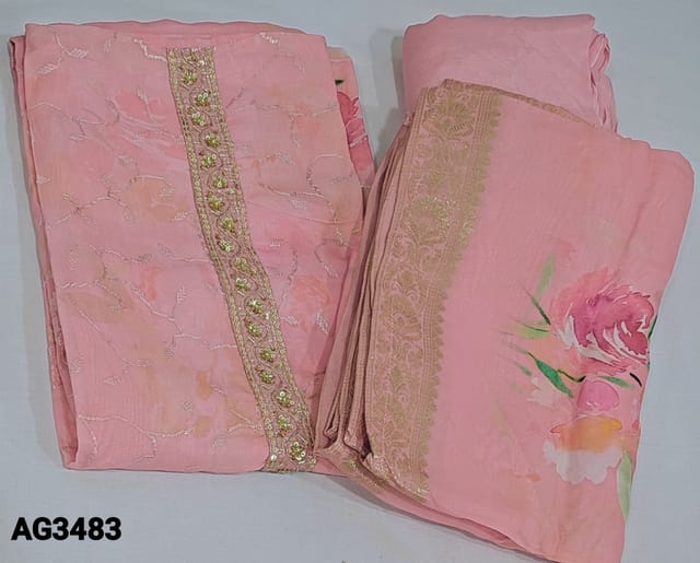 CODE AG3483  : Designer Pink pure Organza Silk unstitched Salwar material(thin fabric requires lining ) with zardozi, cut bead and tiny sequins detailing on yoke, sequins work done on front side, zari weaving borders on daman, matching santoon bottom, Digital printed pure organza silk dupatta with zari woven borders and very rich pallu