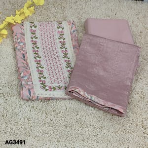 CODE AG3491 : Pastel Pink Printed soft cotton unstitched Salwar material(thin fabric, lining optional) with embroidered yoke patch with lace taping, tasseled tapings on daman, Matching Cotton Bottom, zari lines and sequins work on soft silk cotton dupatta with tapings