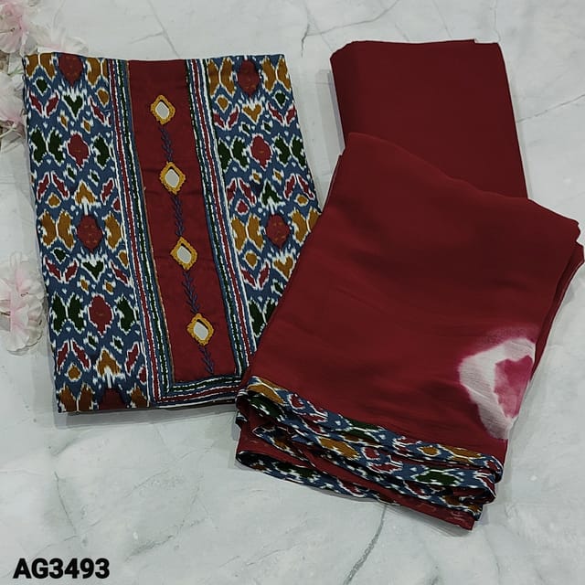 CODE AG3493 : Dark Teal Blue Base Multicolor Patola Printed Soft Cotton unstitched salwar material (thin fabric, lining optional)with real mirror and thread embroidery work on yoke, Reddish Maroon Cotton Bottom, shibhori dyed chiffon dupatta with tapings