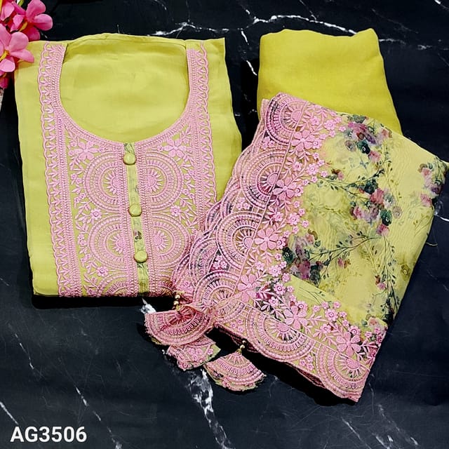 CODE AG3506 : Designer Mehandhi Yellow Shade Pure Organza unstitched Salwar material(soft flowy fabric, lining needed) round neck, with Pink Rich thread embroidery work on yoke, thread and sequins work on frontside, embroidered rich daman, Matching Santoon fabric provided for both lining and Bottom as a single fabric, Digital printed fancy organza dupatta highlighted with rich thread work borders