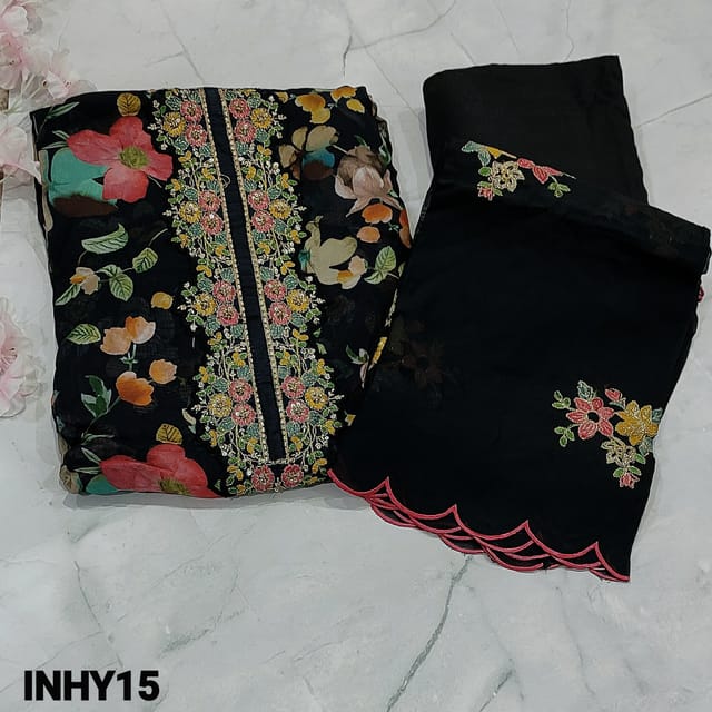 CODE INHY15 : Designer Black Base Multicolor Floral Printed Pure Organza unstitched Salwar material(flowy and thin fabric ,lining needed) with  zari, sequins and thread work on yoke, Black Santoon Bottom, short width Pure Organza Dupatta with embroidery and cutwork edges