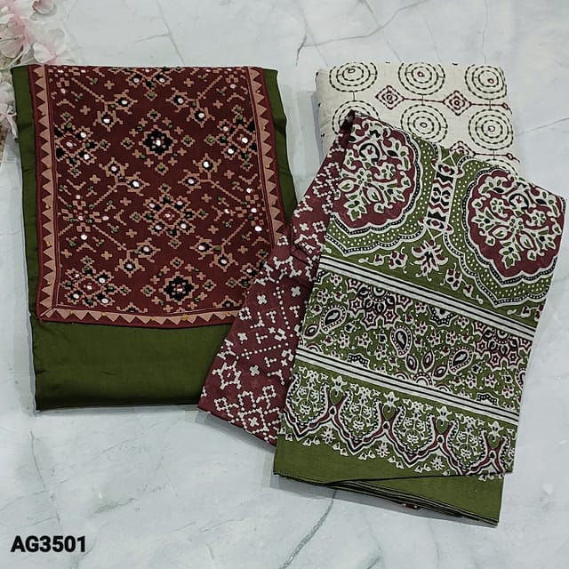 CODE AG3501 : Dark Mossy Green Soft Satin Cotton unstitched salwar material (soft, thin fabric, lining optional) palota printed yoke patch highlighted with french knot and faux mirror detailing, Jute flex Cotton Bottom (rich embroidery work and faux mirror work lower bottom) palota printed mul cotton dupatta