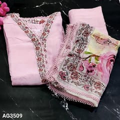 CODE AG3509 : Designer Pastel Pink Pure Masleen Silk Semi-stitched salwar material(silky, thin fabric, lining needed, can fit upto XL size) V neck, 3/4 Sleeve, floral lace detailing and printed yoke, small sequins work on frontside, Matching Santoon Bottom, floral printed Pure organza dupatta with fancy lace tapings