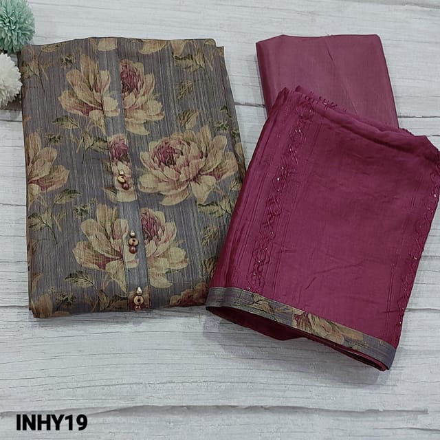 CODE INHY19  : Greyish Lavender Floral Printed Fancy Tissue Silk Cotton Unstitched Salwar material(light weight, shiny fabric, lining included) with fancy buttons on yoke, matching Silky fabric for lining provided, Light Beetroot Purple silky Bottom, thread and tiny sequins work on soft silk cotton dupatta and printed tapings