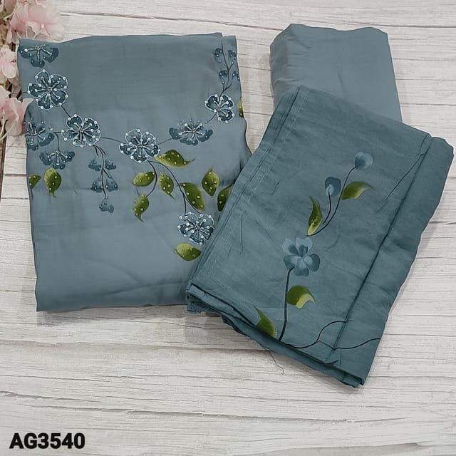 CODE AG3540 : Greyish  Blue Premium Soft Silk Cotton Unstitched Salwar material(thin fabric, lining needed) with brush paint work outline thread, Matching silk Cotton Bottom, tiny sugar bead and sequins work on yoke, brush paint on Soft Silk Cotton dupatta