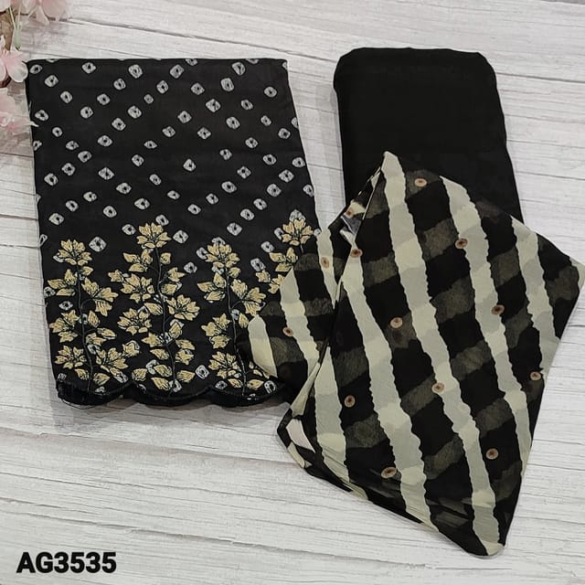 CODE AG3535 : Black Banthini Printed Pure Soft Cotton Unstitched Salwar material(texture, soft fabric, lining needed) with thread embroidery work on daman, Matching Spun cotton Bottom, lehriya Printed fancy chiffon dupatta