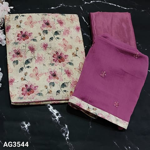 CODE AG3544 :  Beige Base Floral Printed Silk Cotton Unstitched Salwar material(thin fabric, lining included),lining provided, Dark Onion Pink silky Bottom,embroidery on fancy chiffon dupatta with tapings.READ PRODUCT DESCRIPTION FOR DETAILS