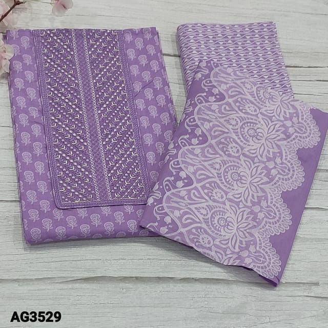 CODE  AG3529 : Purple Premium Soft Cotton Unstitched salwar material (texture, soft fabric, lining optional) with embroidery and sequins work on yoke, printed all over, printed pure soft Cotton Bottom, Soft mul cotton dupatta