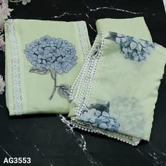 CODE AG3553 : Pastel Green Premium Kota Unstitched Salwar material(thin, netted kind of fabric, lining needed) Panel Pattern highlighted with lace work and Floral embroidery work and stone detailing on Yoke, Matching Soft Spun Cotton Bottom, floral printed organza dupatta (kota fabric in middle)