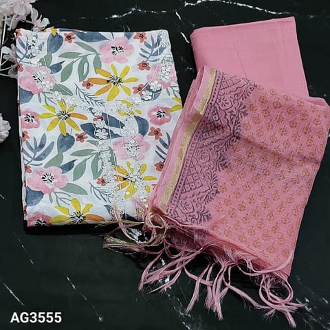 CODE AG3555 : Half White Base Colorful Floral Printed Pure Soft cotton unstitched Salwar material(thin fabric, lining needed) with foil work on yoke, Pink Pure Cotton Bottom, Block printed Premium kota dupatta with thin zari lines either side