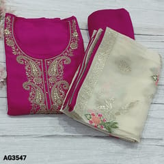 CODE AG3547 : Designer Bright Pink Pure Dola Silk Cotton Unstitched salwar material(soft, silky fabric, lining needed) with zari and sequins work on yoke, small sequins work on frontside, Matching Santoon Bottom, meenakari weaving pattern on Pure organza dupatta with antic gold zari woven and borders