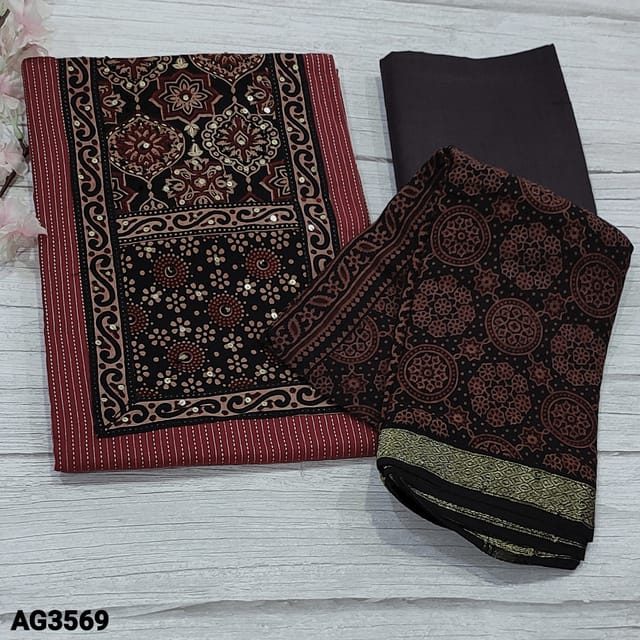 CODE AG3569 : Maroon  Pure kantha cotton unstitched Salwar material(thin, soft fabric lining optional) contrast ajrak block printed patch on yoke with sequins detaining, kantha stiches all over, Black Soft Pure Cotton Bottom, ajrak block printed mul cotton dupatta with zari borders