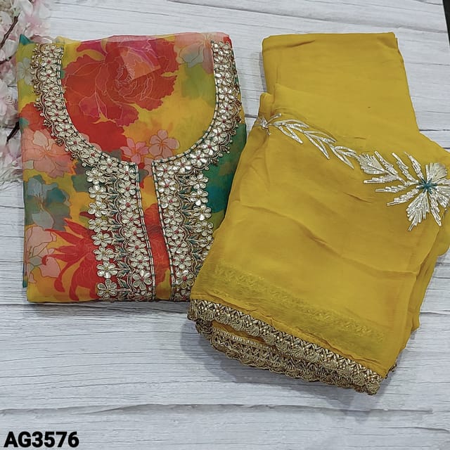 CODE AG3576 : Designer Multicolor Floral Printed Fancy Organza unstitched Salwar material(thin fabric, lining needed) with gota patch, zardozi and tiny pearl bead detailing on yoke, Matching Santoon Bottom, heavy gota lace work on Pure Chiffon dupatta with fancy lace tapings