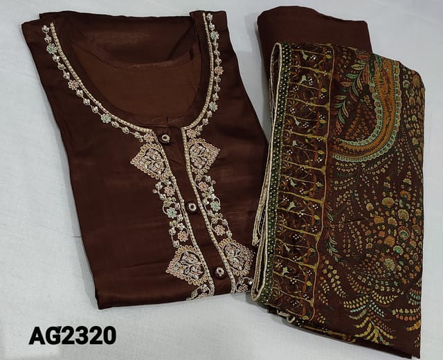 CODE AG2320 : Designer dark Brown Premium Gaji Silk semi stitched Salwar material(requires lining) with zari embroidery, sequence and buttons on yoke, 3/4 sleeves, matching santoon bottom, Digital printed and mukaish stone work on velvette dupatta  (can fit up to XL size)