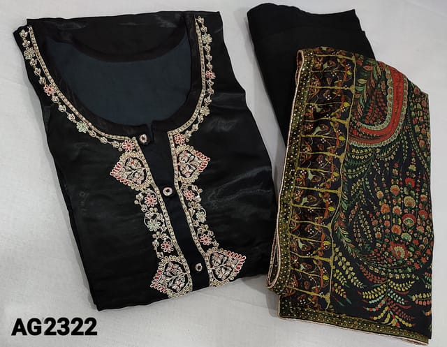 CODE AG2322 : Designer Black Premium Gaji Silk semi stitched Salwar material(requires lining can fit upto XL) with zari embroidery, sequins and buttons on yoke, 3/4 sleeves, matching santoon bottom, Digital printed and mukaish stone work on  Premium velvet dupatta