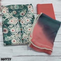 CODE INHY23 : Teal Green Base cotton unstitched Salwar material(thin fabric, lining optional) with chikankari embroidery work on yoke, floral printed all over, Peachish Pink Cotton Bottom, Dula shaded Chiffon dupatta with lace tapings