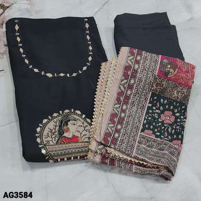 CODE AG3584 : Dark Grey Satin Cotton unstitched Salwar material(Soft fabric, lining optional) with real mirror work on yoke, digital printed yoke patch outline zari and real mirror work on frontside, Matching Satin Cotton Bottom, thread and sequins work on Madhubani printed silk cotton dupatta