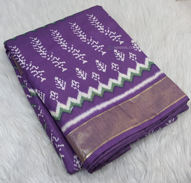 CODE WS743 : Purple fancy silk ikat printed saree with foil printed double side borders ( soft and light weight ), printed pallu, running blouse with zari woven buttas and borders.