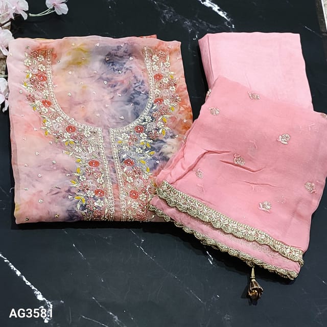 CODE AG3581 : Designer Pastel Pink Multicolor Abstract Printed  Pure Georgette Unstitched salwar material (soft, flowy fabric, lining needed) with cut work, sugar bead work and zardozi work on yoke, small sequins work on frontside, fancy lace taping daman, Matching  Santoon Bottom, rich sequins and zari work on chiffon dupatta with fancy lace tapings