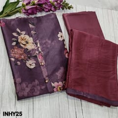 CODE INHY25 : Dark Purple Floral Printed Silk Cotton Unstitched Salwar material(light weight, shiny fabric, lining included) with fancy Shell buttons and pearl bead buttons on yoke, matching Silky fabric provided for lining , Light Pink silky Bottom, thread and tiny sequins work on soft silk cotton dupatta