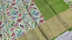 CODE WS765 :  Pastel green pure kota silk saree with double side kanchi borders, beautiful digital printed all over with gold thread detailing , short pallu with fancy tassels, running digital printed pallu with zari borders.