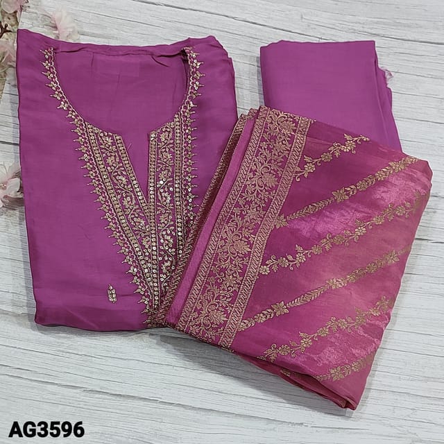 CODE AG3596 : Designer Purplish Pink Dola Silk Unstitched salwar material(soft, silky fabric, lining needed) Round notched Neck highlighted with zari and sequins work on yoke, small sequins work on frontside, Matching Santoon Bottom, Rich benerasi weaving on Dual shaded dola silk dupatta with bonders